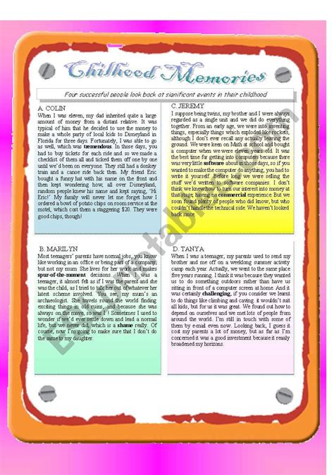 Reading Childhood Memories Esl Worksheet By Emulator
