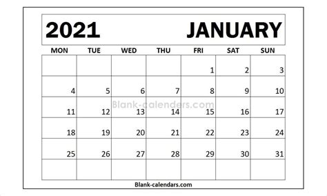 Free Printable Calendar January 2021 Monday Start Yearmon