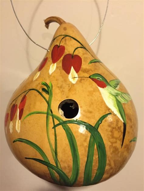 Handpainted Gourd Birdhouse With Hummingbird And Bleeding Etsy Gourds