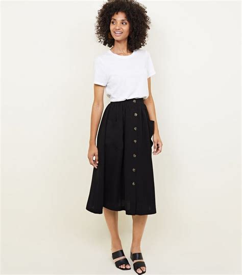 Black Button Through Pocket Midi Skirt New Look Midi Skirt Skirts