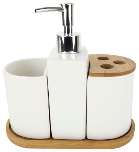 4 Piece Ceramic Bath Accessory Set Bamboo Accents Contemporary