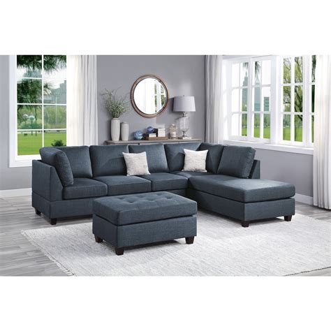Poundex Furniture Dorris Fabric 3 Pc Sectional In Dark Blue Color