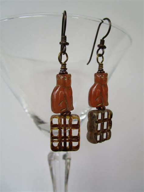 Quirky And Fun Amber Cat On A Gate Earrings Czech Glass Etsy Fun