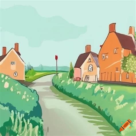 Simple drawing of a rural village with charming houses and gardens on
