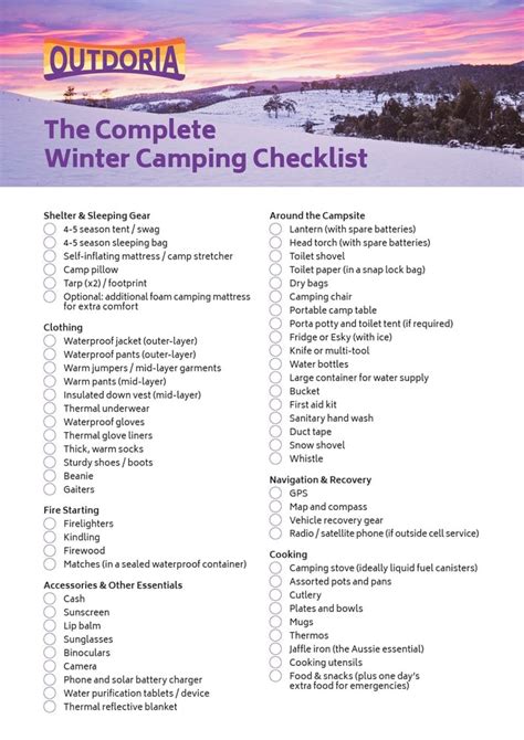 I know you have a lot to consider, especially if you're a beginner, so i'll let you dive into this. The Complete Winter Camping Checklist - GoSeeAustralia
