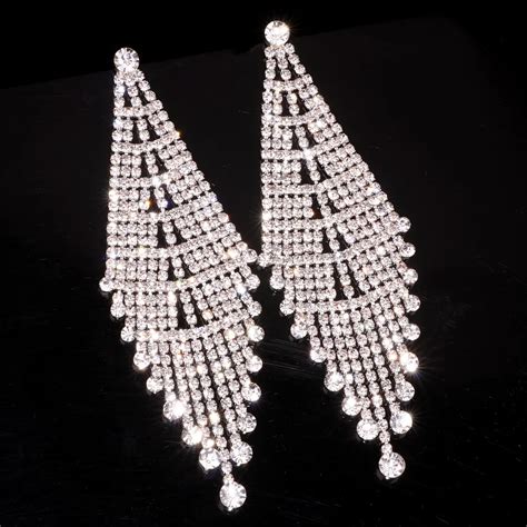 luxury rhinestone crystal long tassel earrings for women big drop dangle wedding bridal earrings