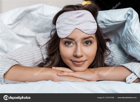 Beautiful Young Woman Sleeping Mask Lying Blanket Bed Stock Photo By
