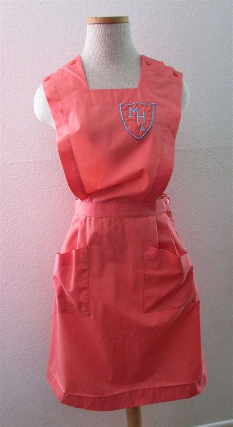 17 0506 Vintage 1960s Candy Striper Uniform Coral Pink Pinafore