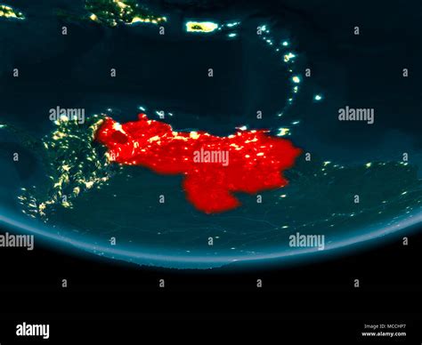 Venezuela At Night Highlighted In Red On Planet Earth 3d Illustration