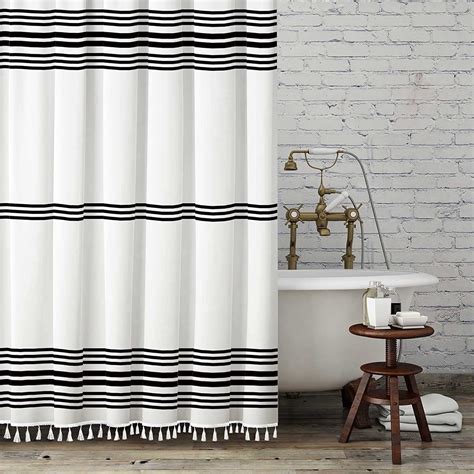 Shower Curtain Striped With Tassel Modern Bathroom Curtains Fabric Black And White Waterproof