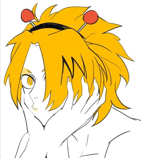 An Anime Character With Yellow Hair Covering His Face