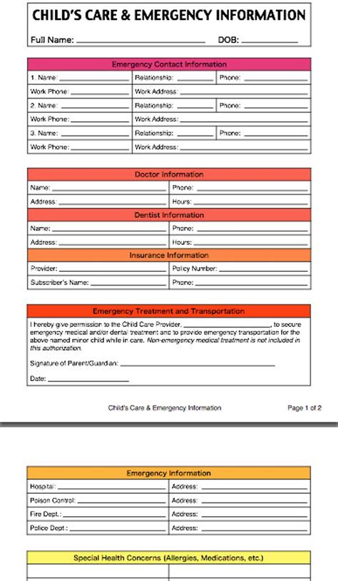 Childs Care And Emergency Contact Information Form For Caregivers