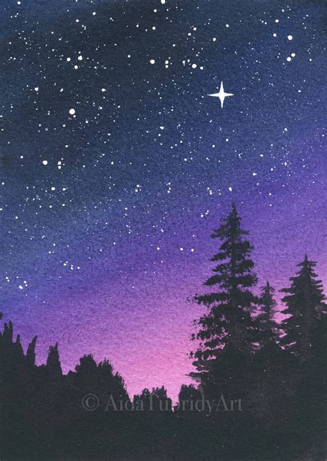 Purple Night Sky Galaxy Painting Nature Art Forest Sunset Etsy