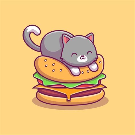 Premium Vector Cute Cat On Burger Icon Illustration Animal Food Icon