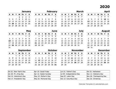 Printable Yearly Calendar 2020 Template With Holidays Pdf Word