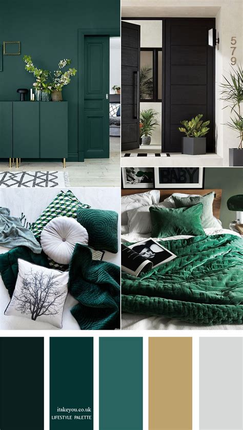 Make the space cozy and inviting with a combination of colors you love. Dark green color palette with muted gold - Home color decor