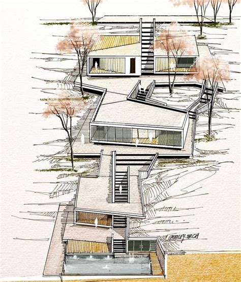 An Architectural Drawing Of A House With Stairs And Trees