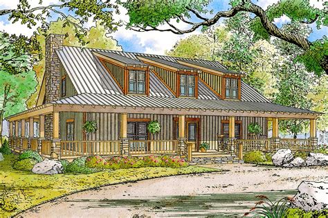 The covered porch starts at the front of the home and wraps. Rustic Country Home Plan with Wraparound Porch - 70552MK ...