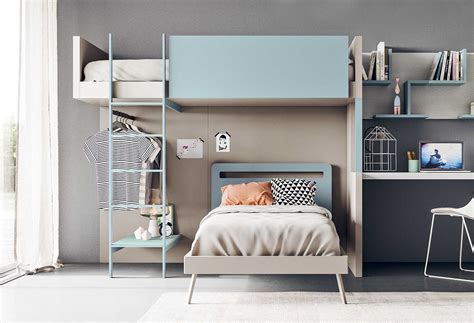 Letto singolo soppalco a scomparsa configurabile con ripiani o con scrivania per creare un angolo studio nella cameretta. Letto a castello con scaletta frontale Sky - CLEVER.IT