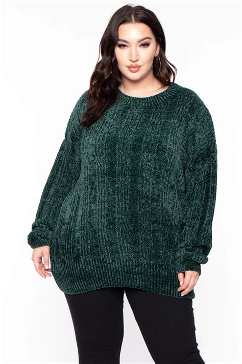 Plus Size Ribbed Chenille Sweater Green Curvy Sense Chenille