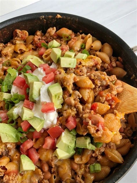 What to bring to a potluck: Skillet turkey taco pasta is a one pot meal made in a ...