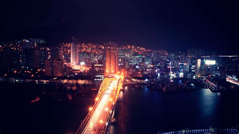 Download Wallpaper 3840x2160 Night City Aerial View Buildings Bridge