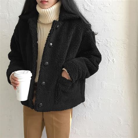 Warm Curly Outwear Faux Fur Beige Black Jacket Winter Fashion Outfits Fashion Korean Outfits