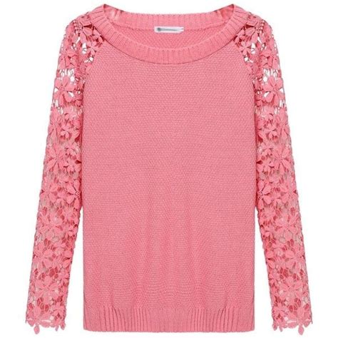 Pink Hollow Out Lace Decor Long Sleeve Pullover Sweater 2115 Rub