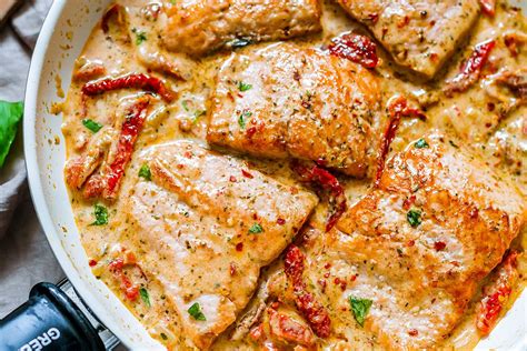 The recipe calls for tossing the chopped vegetables in a bowl before putting on the pan, but you could just toss them on the pan and then nestle the chicken on top. Pan Seared Salmon with Sun-Dried Tomato Cream Sauce ...
