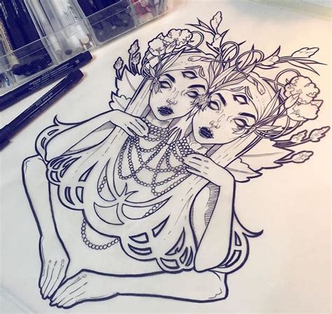 A Drawing Of Two Women With Flowers On Their Heads And One Womans Face