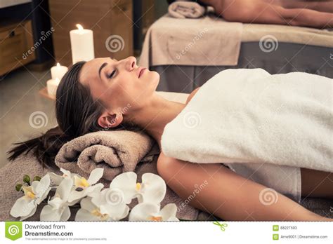 Man And Woman Lying Down On Massage Beds At Asian Wellness Center Stock Image Image Of Female