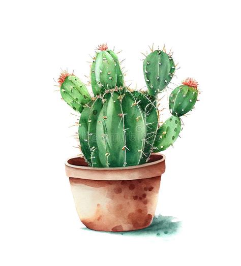 Watercolor Cactus In Pot Cacti Cute Succulent Generative Ai