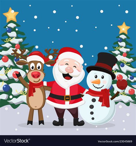 Santa Claus With Deer And Snowman On Winter Vector Image
