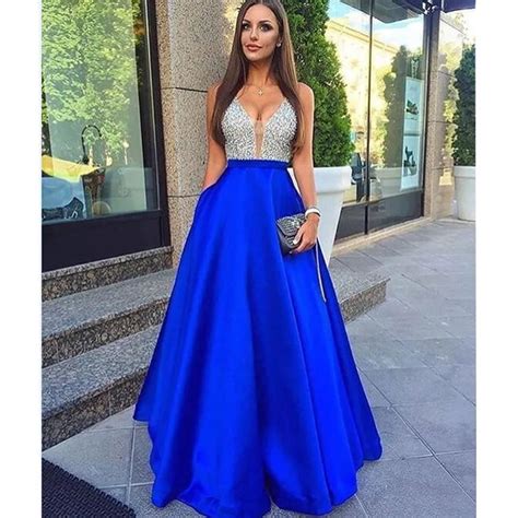 Caliente Elegante Azul Real Vestidos De Noche Con Bolsillos Cristales Azul Real Vestido De