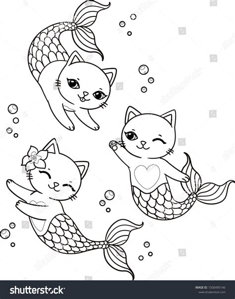 Three Cute Mermaid Cats Bubbles Vector Stock Vector Royalty Free