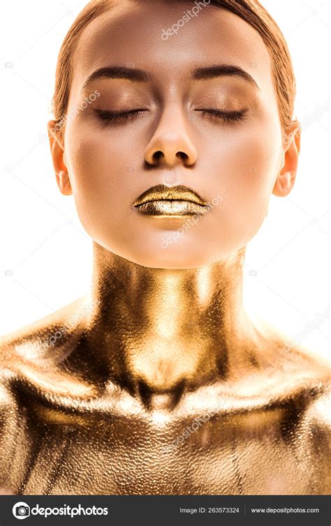 Kapalı Gözlü Çıplak Kadın Beyaz Izole Altın Boyalı Stok fotoğrafçılık