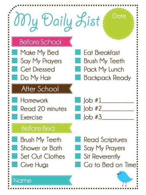 Printable Weekly Chore Chart Kids Daily List And Chore Chart