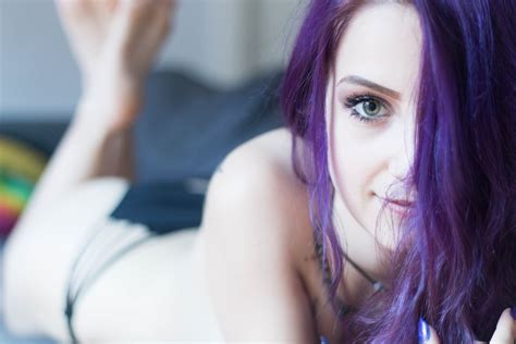 Wallpaper Women Model Dyed Hair Purple Hair Green Eyes Looking