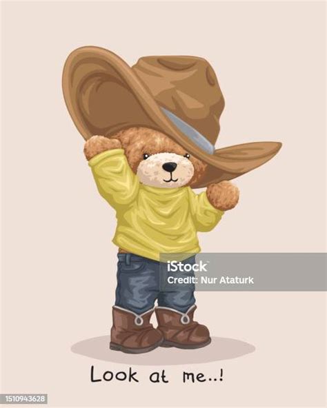 Vector Illustration Of Hand Drawn Teddy Bear In Cowboy Costume Stock