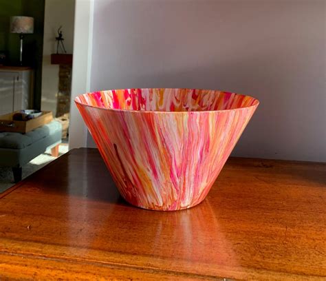 Large Hand Painted Glass Bowl Using Acrylic Paint Pouring Etsy