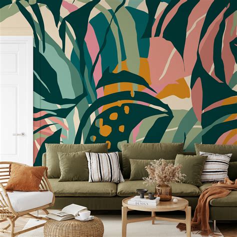 Abstract Botanical Leaves Mural Wallpaper Removable Etsy