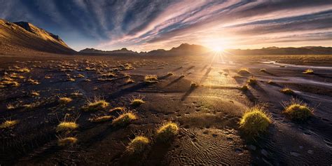 Sunset Mountain Desert Clouds Grass Nature Landscape