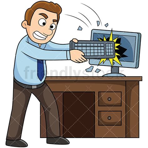 Angry Man Smashing Computer Screen Cartoon Vector Clipart