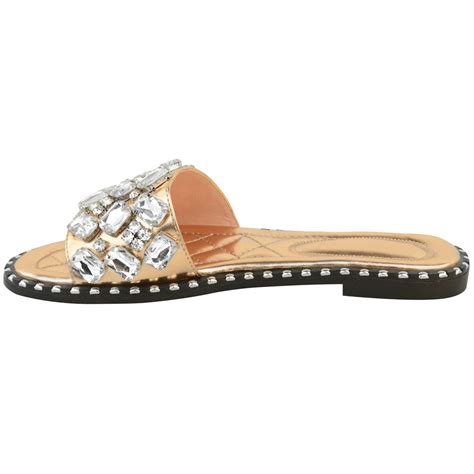 Womens Flat Summer Diamante Sandals Jewels Embellished Gem Ankle