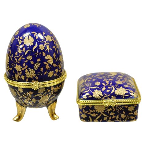Limoges Porcelain Egg Trinket Box Jewelry Box Floral Gold Blue