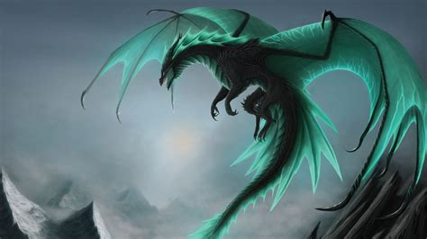 Fantasy Black And Green Dragon Is Flying Above On Mountain Hd Dreamy