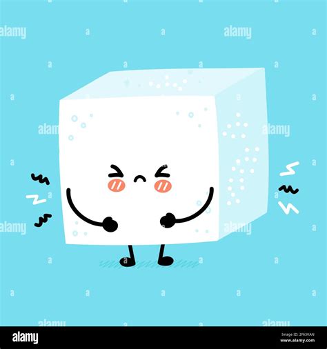 Cute Funny Sad Sugar Piece Cube Character Vector Flat Line Cartoon
