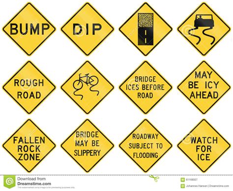 Collection Of Road Condition Warning Signs Used In The Usa