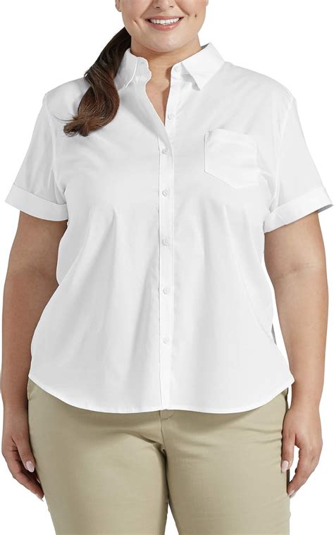 Dickies Women S Plus Size Stretch Poplin Button Up Short Sleeve Shirt White PS At Amazon