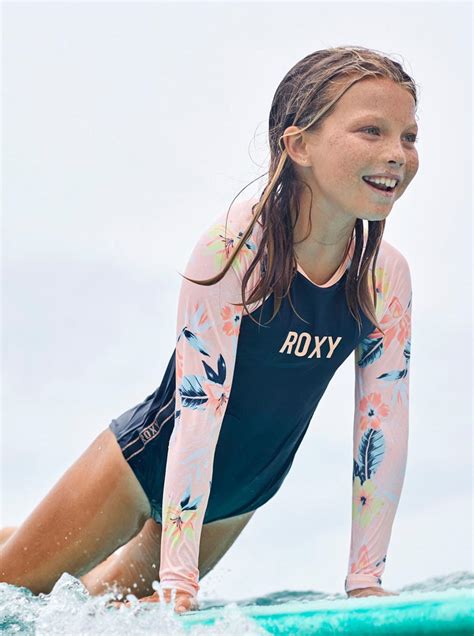 Roxy Girls Swim Sporty Girl Long Sleeve Upf 50 One Piece Rashguard Tropical Peach Tropical